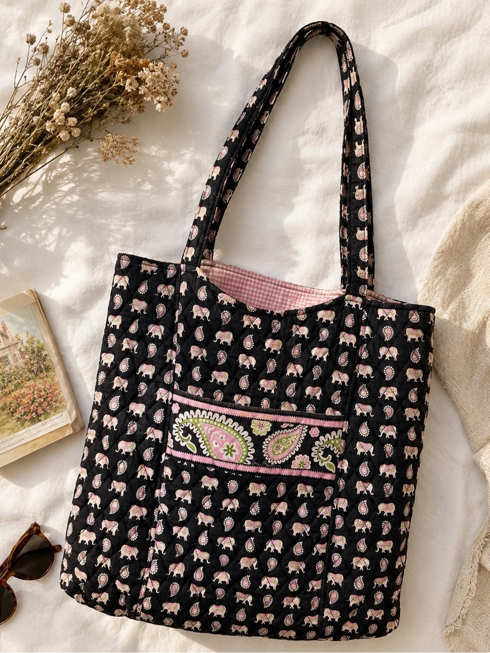 Vera Bradley Pink Elephants Retired Large Quilted Tote Bag Black Pink